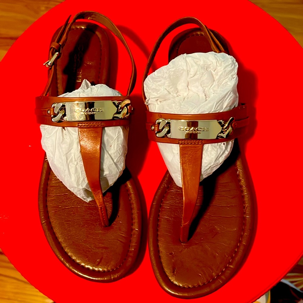 Coach sandals, light brown gold logo on top size 7